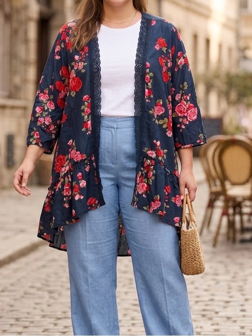 Maurices Navy Floral Lace-Trim Kimono